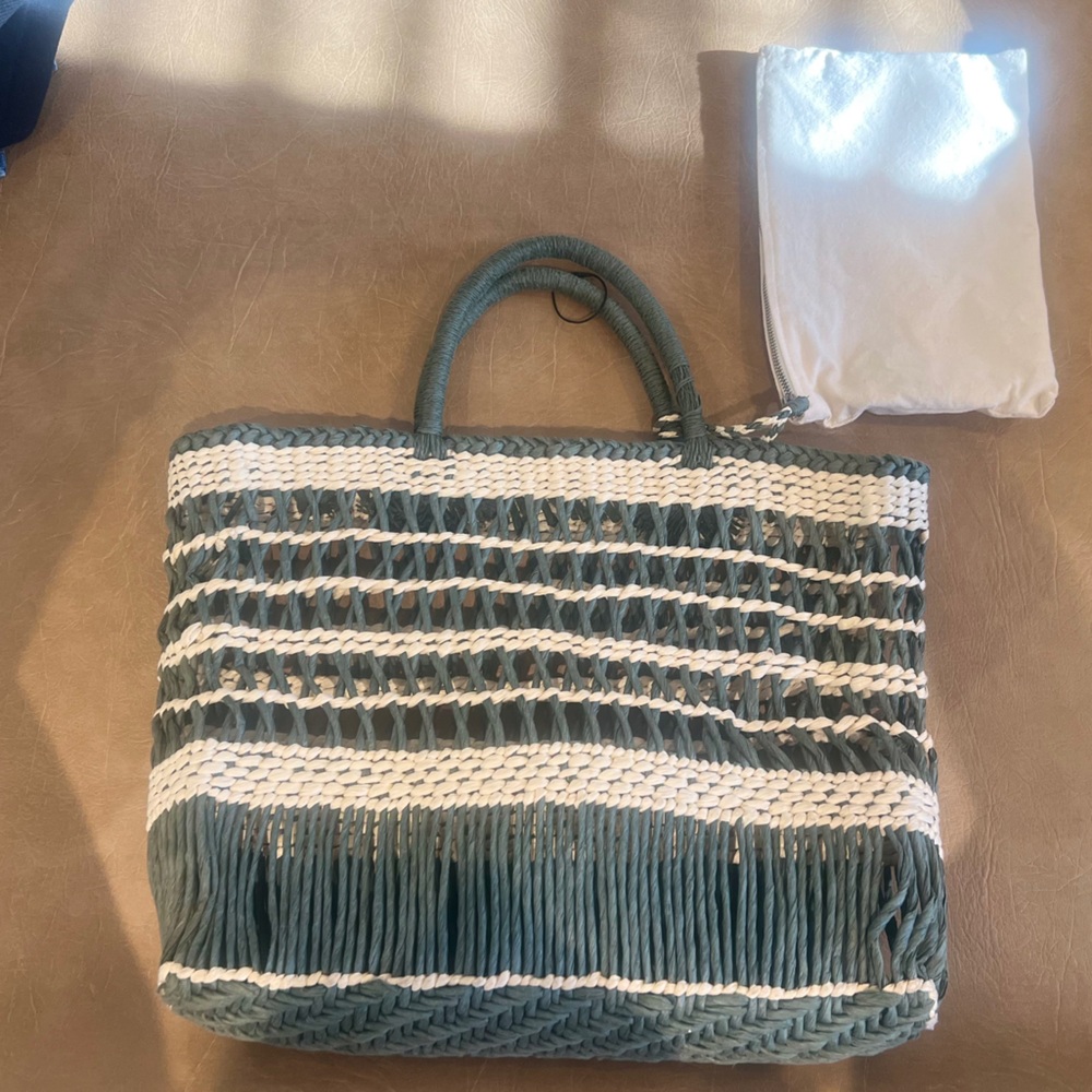 Zara Green and cream Woven Tote Bag